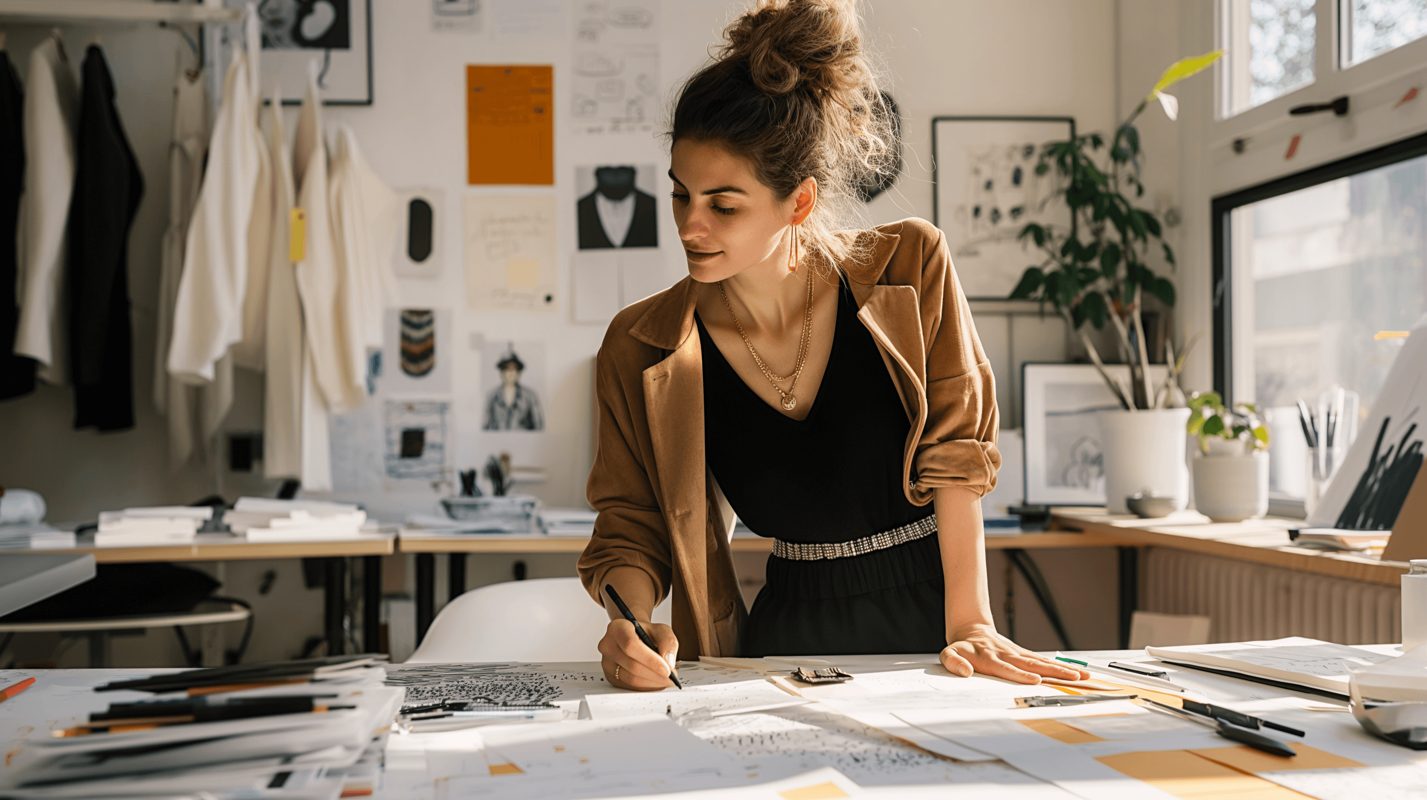 Diseñadora trabajando en su mesa con bocetos, fichas y muestras de su colección